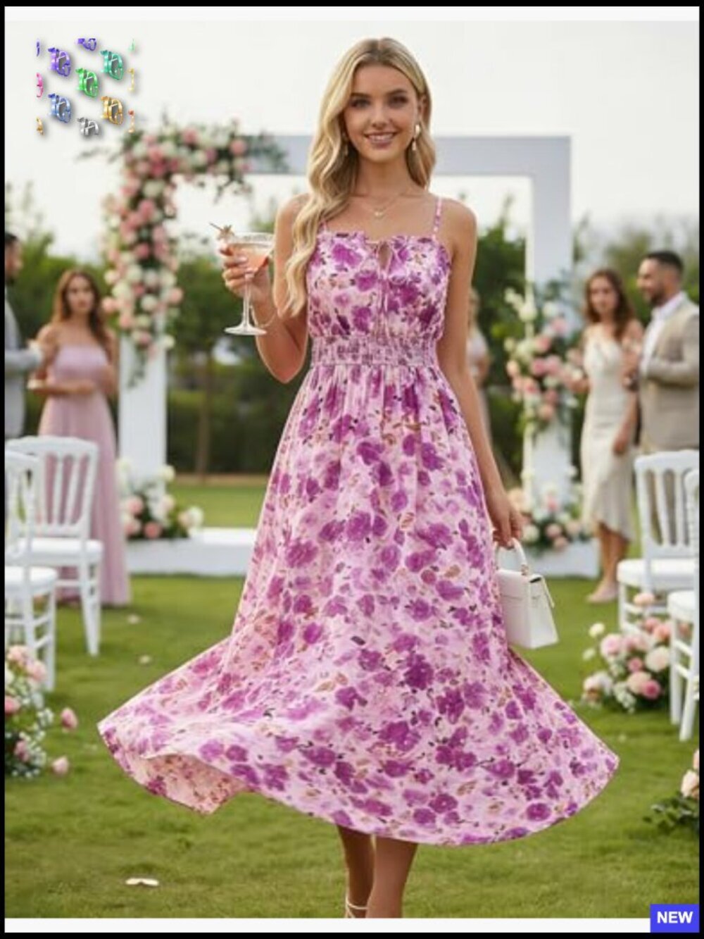 Floral Midi Sundress Boho Casual Summer Vacation Dress with Pockets Adjustable - Picture 6 of 7